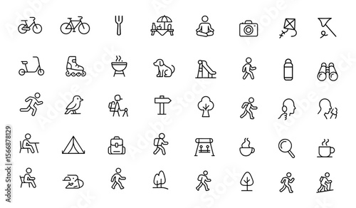 Vector Icon Set of Park Activities | Adjustable Line Weight | Hiking, Yoga, Skateboard, Biking, Picnic, Camera, Scooter, Rollerblade, Kite, Barbecue, Dog, Play, Outdoor Fun Icons,