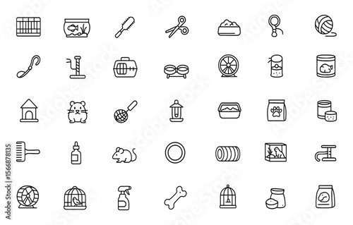 Vector Petcare Icon Set | Adjustable Line Weight | Animal Habitat, Grooming Tools, Cage, Aquarium, Toys, Leash, Carrier, Supplies, Veterinary Equipment, Accessories, Comfort, Wellness