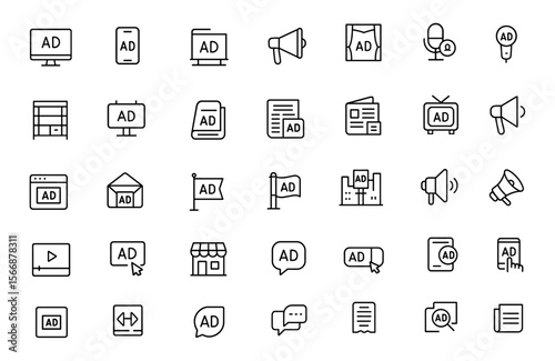 Icon set of advertisement placements with adjustable line weight, marketing media symbols, digital advertising, billboard, podcast, television, mobile web, vector outline, banner, interface,