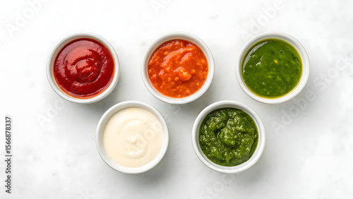 Wallpaper Mural Colorful sauces in small white bowls on white stone background Torontodigital.ca