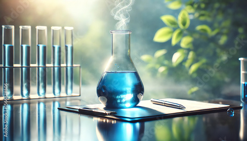 A realistic image focused on a clear glass Erlenmeyer flask filled with a vibrant blue liquid