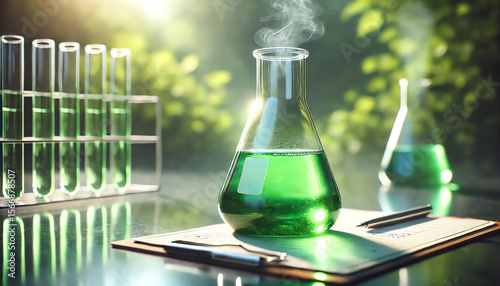 A clear glass Erlenmeyer flask filled with a vibrant green liquid