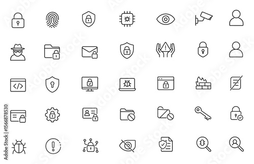 Secure Privacy Icon Set Vector | Adjustable Line Weight | Cybersecurity, Encryption, Fingerprint, Authentication, Surveillance, Confidentiality, Protection, Identity Theft Icons