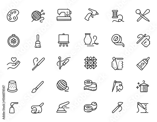 Handmade Crafts Vector Icon Set | Sewing machine, yarn, embroidery, paint palette, glue gun, scissors, needle, brush, canvas, pottery, roller, thread, textile, creative art, stitching