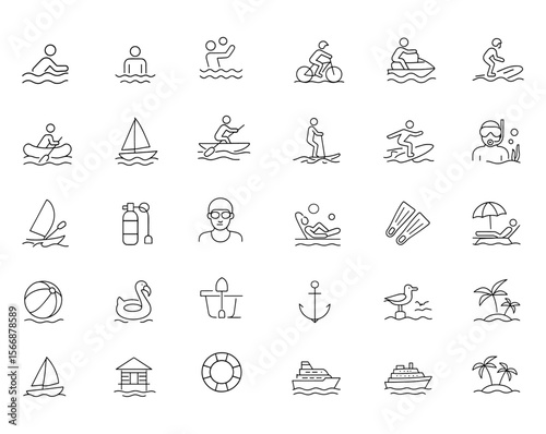 Water activities icon set with adjustable line weight — ocean sports, sailing, kayaking, snorkeling, jet ski, paddleboard, yacht, beach fun, summer holiday, nautical entertainment, vector illustration
