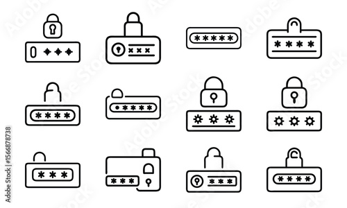 Collection of password protection icons representing online security and data confidentiality