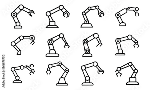 Set of robotic arm icons illustrating automation and industry technology in a modern style