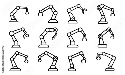 Collection of modern robotic arm icons illustrating industry automation and technological advancement