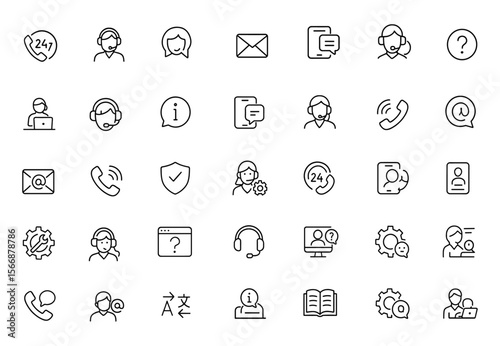 24/7 Customer Support Vector Icon Set – Call Center, Chat, Email, FAQ, Online Help, Mobile Assistance, Communication, Troubleshooting, Service Settings, Translation, Phonebook, Helpline, Self-Service