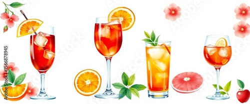 Vibrant watercolor Aperol spritz set, Italian summer theme, graphics, celebration