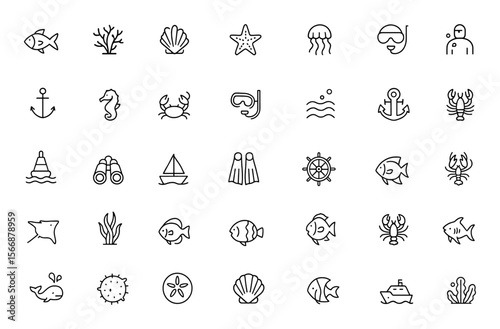 Vector Marine Life Icon Set with Adjustable Line Weight – Fish, Coral, Seahorse, Starfish, Jellyfish, Anchor, Lighthouse, Snorkeling, Diving & Ocean Creatures Icons, Wildlife, Ecology, Beach