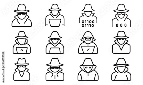 Collection of modern vector line art illustrations depicting a hacker character concept