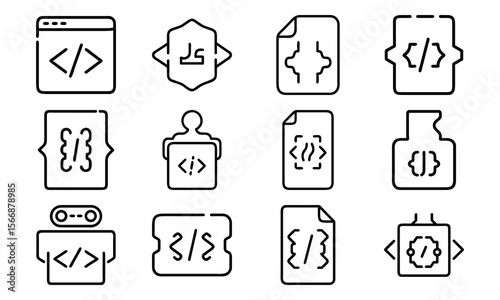 Simple black and white coding icons representing programming development and technology