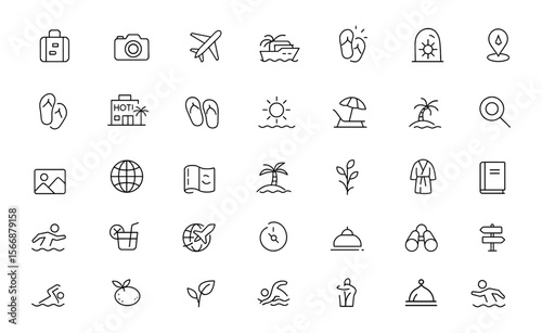 Travel & Vacation Icon Set Vector | Adjustable Line Weight | Beach, Plane, Camera, Cruise, Passport, Suitcase, Compass, Resort, Flip-Flops, Sun, Cocktail, Holiday, Adventure, Relax