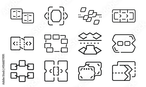 Conceptual diagrams of software development data flow processes and technical workflow illustrations