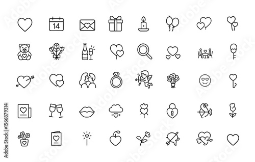 Valentine Vector Icon Set | Adjustable Line Weight | Hearts, love, romance, wedding, gift, teddy bear, roses, balloons, champagne, dinner, affection, dating, candles