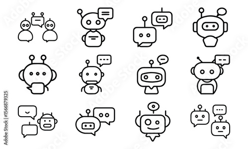 Collection of illustrated chatbot icons representing artificial intelligence and automated communication in a simple linear style