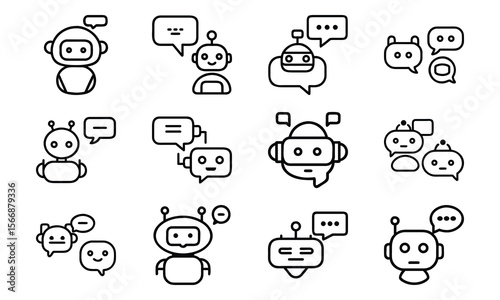 Collection of minimalist chatbot icons communicating via speech bubbles in black and white design