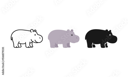 Cute hippo trio: black, white, and gray cartoon animal illustrations side by side