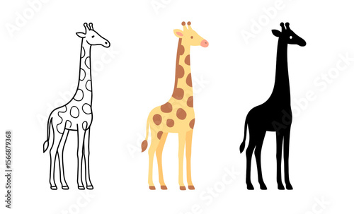 Giraffe illustration trio: outline, full color, and silhouette art versions