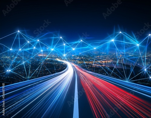 red blue digital highway data flow night
