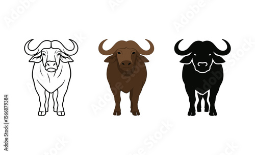 Three buffalo illustrations: line art, brown, and silhouette variants in a minimalist style