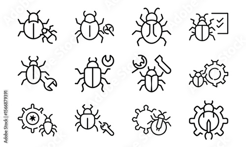 Conceptual icons of software bugs debugging and repair in a clean line art style