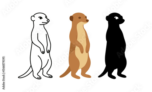 Meerkat silhouette with cartoon outline and standing illustration