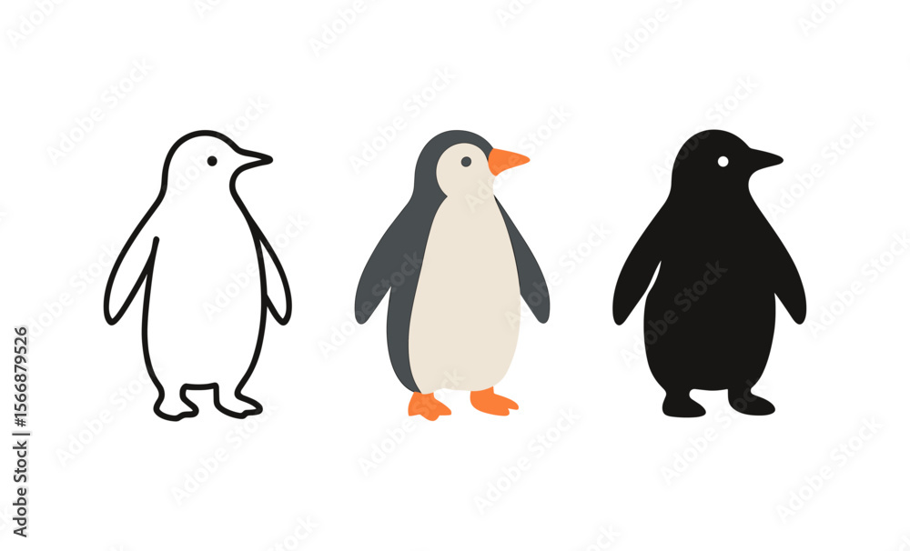Obraz premium Three cute penguins: line art, colorful drawing, silhouette illustration