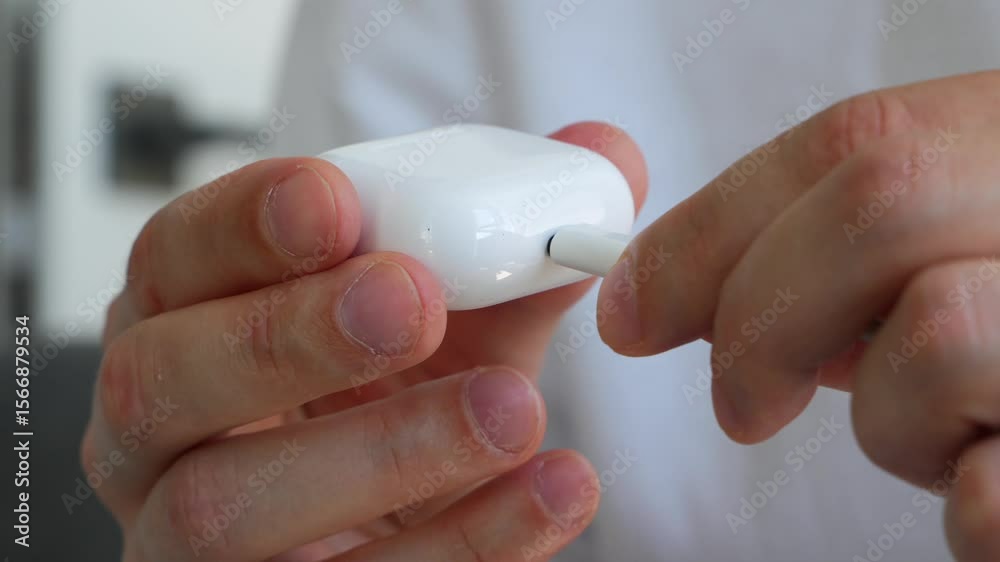 A man in a white shirt connects wireless headphones to a charger.
Connecting headphones to a power outlet.
