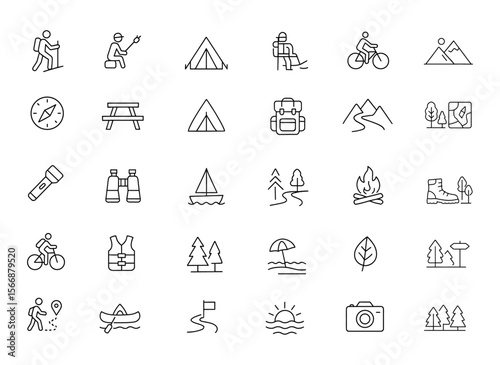 Outdoor Recreation Vector Icon Set | Adjustable Line Weight | Adventure, hiking, camping, fishing, kayaking, biking, compass, mountains, tent, picnic, backpack, exploring, leisure, map