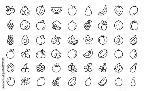 Fruit and Berry Icon Vector Set | Adjustable Line Weight | Apple, banana, strawberry, mango, orange, lemon, pear, peach, grape, kiwi, blueberry, raspberry, pomegranate, durian