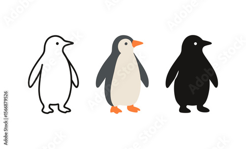 Three cute penguins: line art, colorful drawing, silhouette illustration