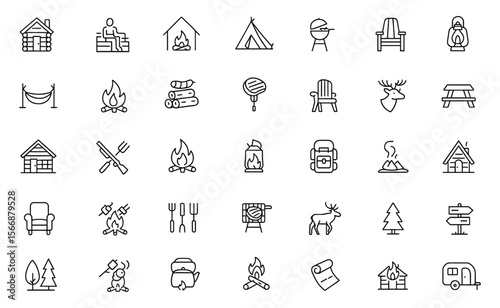 Cabin and Lodge Icon Set Vector Illustration | Adjustable Stroke | Sauna, camping, fireplace, barbecue, hammock, lantern, firewood, cozy, outdoors, grilling, adventure, rustic, forest, travel, picnic