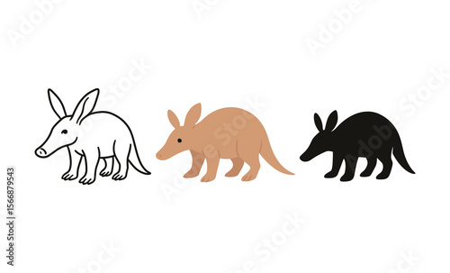Cartoon aardvark trio in diverse styles: line art, colorful, and silhouette animations