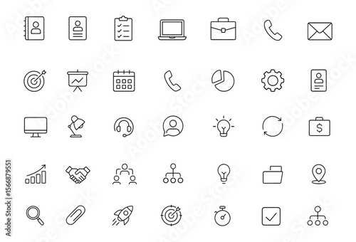 Office and Business Icon Set Vector – Laptop, Briefcase, Contacts Book, Calendar, Email, Checklist, Presentation, ID Card, Phone, Target, Computer, Globe, Pie Chart, Lamp