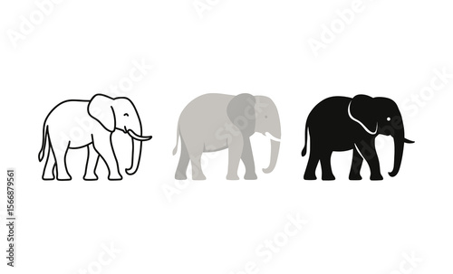 Minimalist elephant designs: black, gray, and outline art featuring three elephants