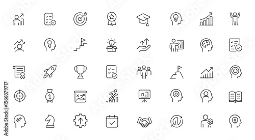 Self-Development Icon Set | Vector Illustration | Adjustable Line Weight | Success, achievement, education, goal, growth, leadership, creativity, inspiration, trophy, rocket