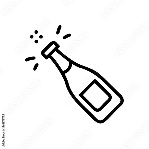 Handdrawn Champagne bottle with popping cork bubbles on drink alcohol