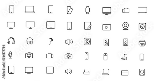 Devices icon collection, adjustable line weight vector illustration. Mobile, laptop, screen, tablet, smartwatch, foldable, desktop, monitor, media, cyberspace, technology, symbol, gadget