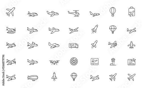 Aviation icon set, aircraft, air transport, travel, aeroplane, airplane, private jet, airliner, fighter, helicopter, hot air balloon, airship, propeller, parachute, rocket, spaceship