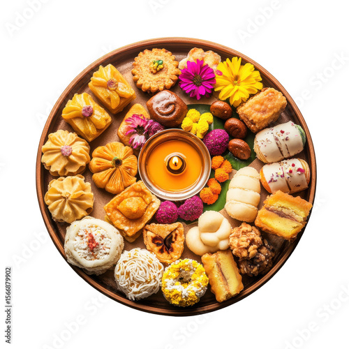 Vibrant Assortment of Traditional Indian Sweets with Colorful Flowers and a Candle Centerpiece on transparent background