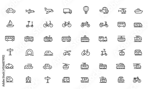 Transportation icon set with adjustable stroke. Vector collection of car, truck, train, bus, bike, scooter, ship, airplane, helicopter, gondola, subway, monorail, tourism symbol, outline, linear