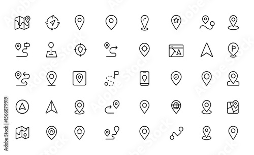 Navigation icon set with adjustable line weight. Vector outline of map, compass, route, pin, location, marker, destination, travel, geography, direction symbols, label, plan, locator, web app design