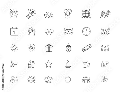 New Year vector icon set with celebration party elements including mask, fireworks, champagne, balloons, disco ball, sparklers, holiday decoration, linear outline stroke symbol, festive fun