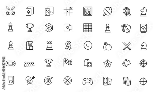 Board games and leisure gaming icon set. Adjustable line weight. Includes chess, poker, dice, card, puzzle, trophy, arcade, labyrinth, rook, knight, queen, king, pawn, vector, illustration, symbol