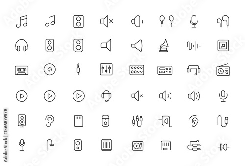 Audio icon collection with adjustable line weight. Includes sound, music, speaker, microphone, earphones, headset, linear stroke, professional studio recorder, mixer, analog digital device