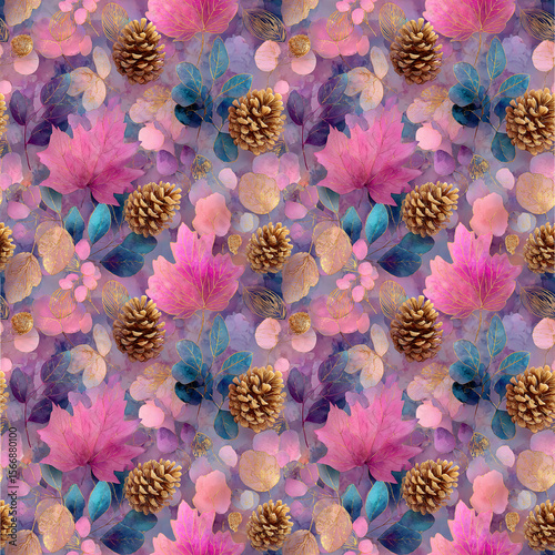 Elegant Watercolor Seamless Pattern with Pinecones and Autumn Leaves in Pink and Gold Tones