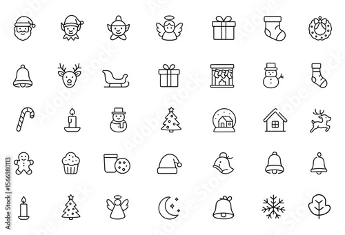 Santa Claus and festive Christmas icon set with elf, reindeer, sleigh, angel, stockings, candy, snowman, tree, presents, fireplace, bell, gingerbread man, winter decoration, vector illustration