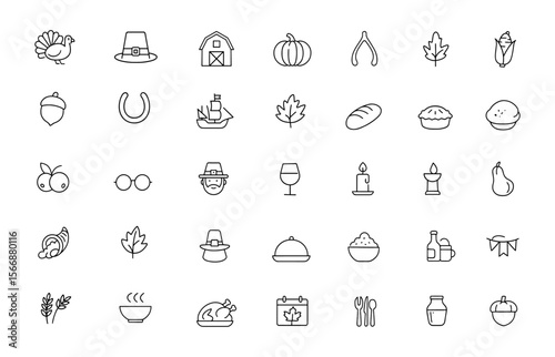 Thanksgiving icon set, holiday celebration symbols, pilgrim, turkey, autumn, corn, pumpkin, hat, cornucopia, adjustable stroke line, outline linear design, vector graphic collection